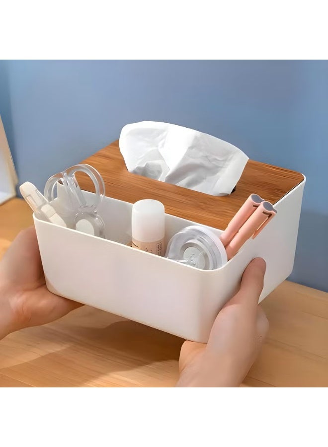Jinila Square Shape Wooden Cover Plastic - Tissue Paper Holder with 2 Compartment Multi-Functional Desk Organizer Remote, Pen & Pencil Stationery Storage Stand (Pack of 1, White) - Image 3